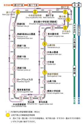 Map of routes for the Sapporo streetcar system.