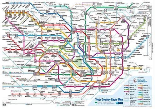 Map of the Tokyo's subway routes issued by Tokyo Metro.